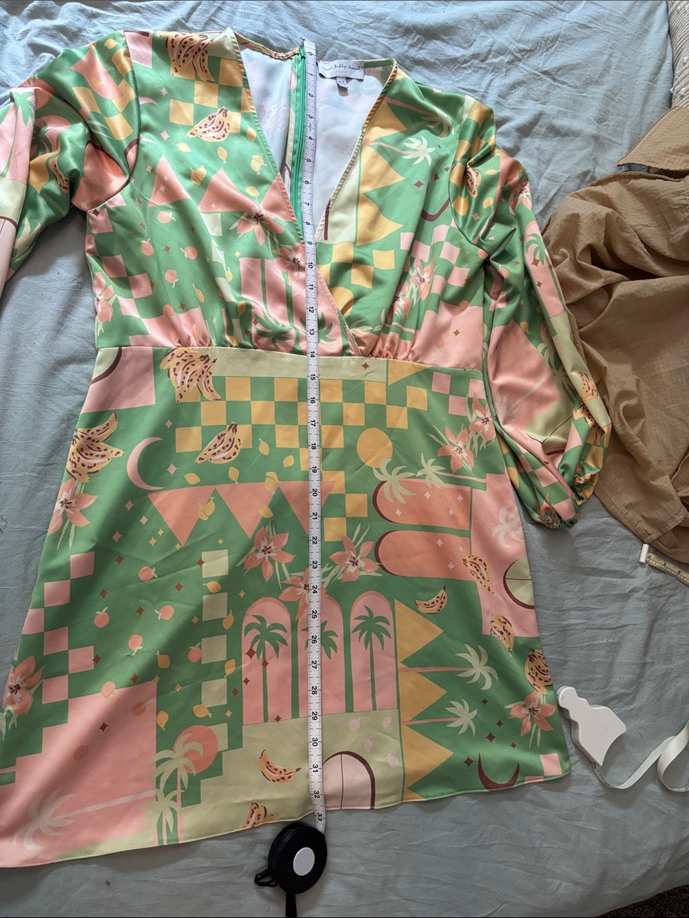 Never Fully Dressed Green and Pink Printed V-Neck Mini Dress - Picture 5 of 7